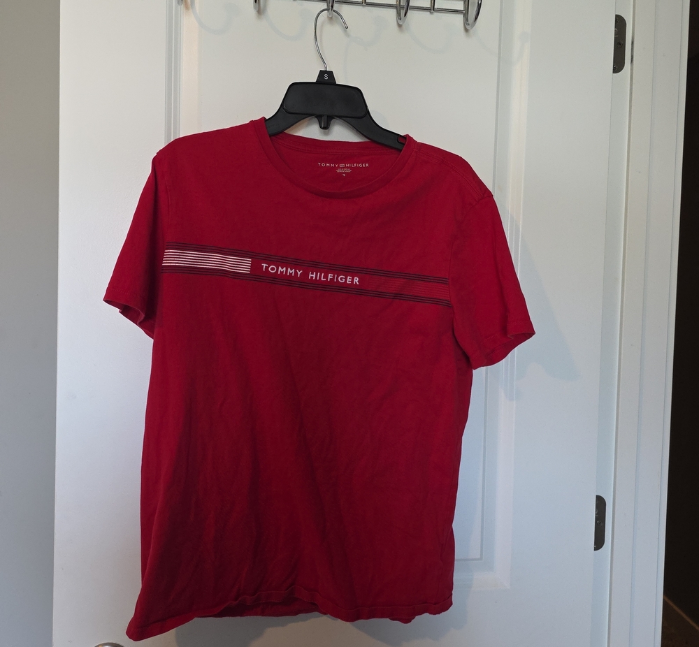 Tommy Hilfiger Red Short-Sleeve Tee with Chest Stripe Logo